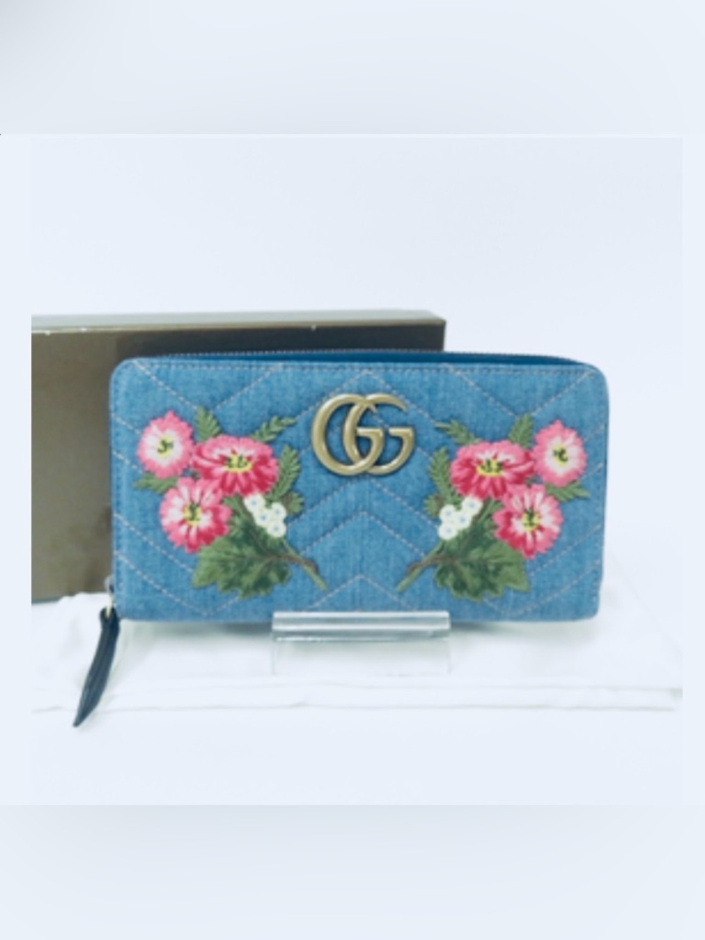 GUCCI Marmont v stitch Denim Leather Zip Around Zippy Wallet
